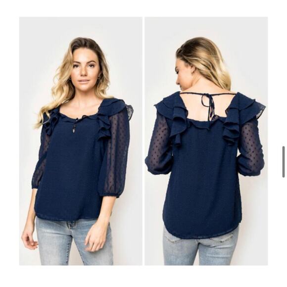 NWT Gibsonlook Pindot Ruffle Navy Blouse size XS - Picture 1 of 6